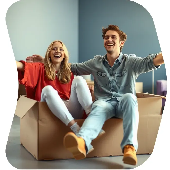 Two guys sitting on the floor of their apartment with Muval moving boxes